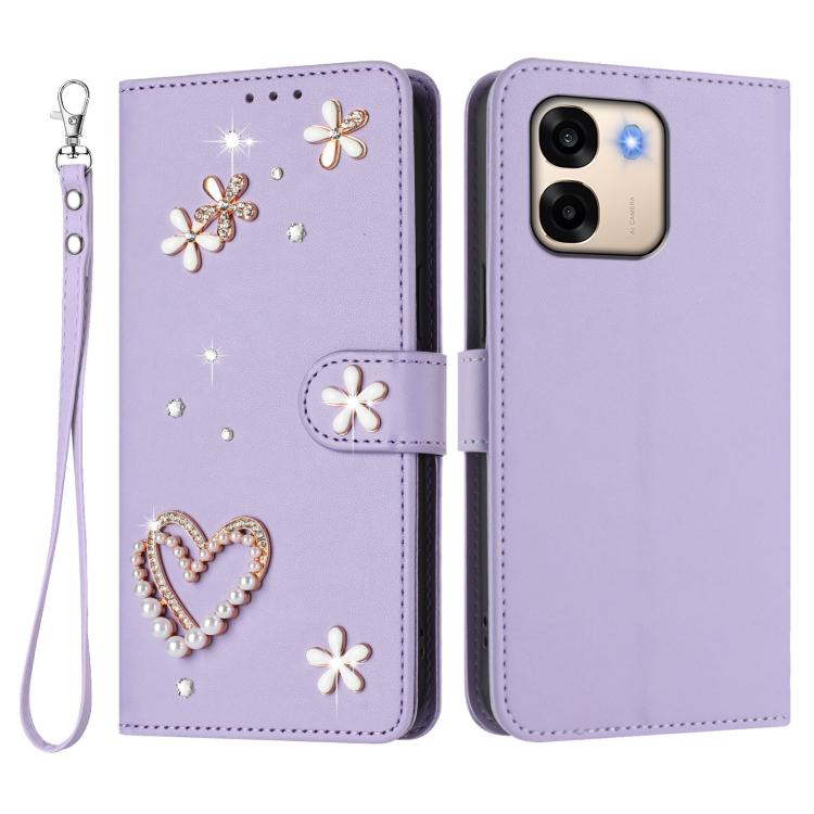 For OPPO A6x 5G Global / A6 5G Global ZS01 Double-Layer Heart Floral Vegan Leather Phone Case with Wrist Strap