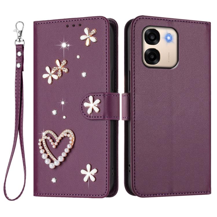 For OPPO A6x 5G Global / A6 5G Global ZS01 Double-Layer Heart Floral Vegan Leather Phone Case with Wrist Strap