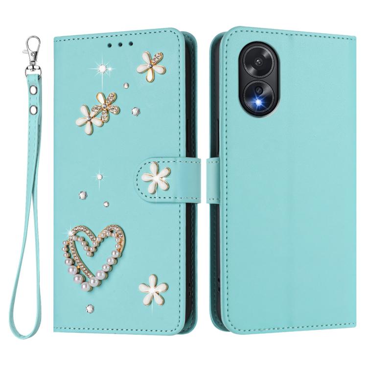 For OPPO A38 4G / A18 4G Global ZS01 Double-Layer Heart Floral Vegan Leather Phone Case with Wrist Strap