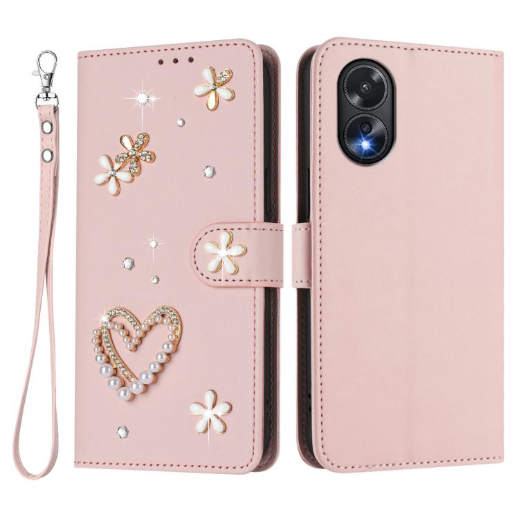 For OPPO A38 4G / A18 4G Global ZS01 Double-Layer Heart Floral Vegan Leather Phone Case with Wrist Strap