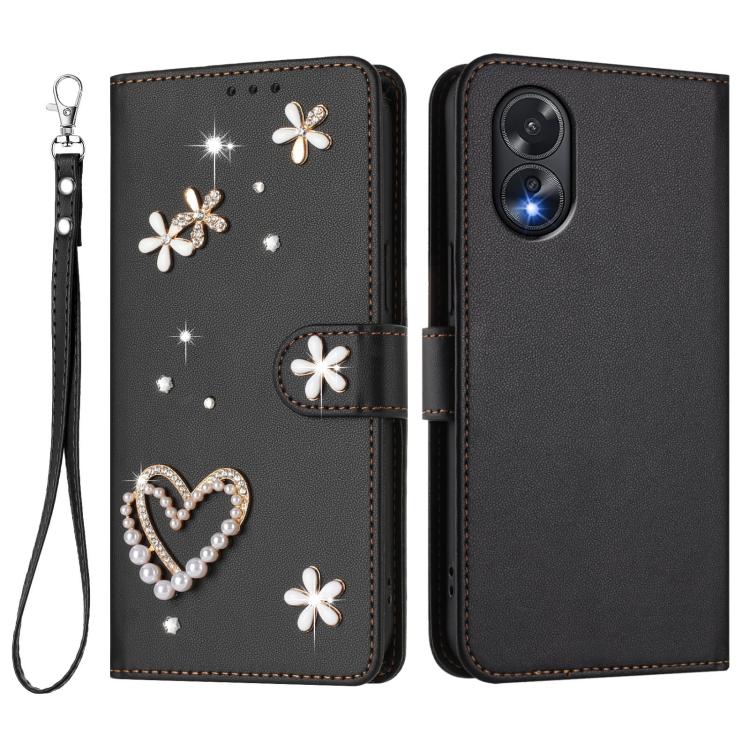 For OPPO A38 4G / A18 4G Global ZS01 Double-Layer Heart Floral Vegan Leather Phone Case with Wrist Strap