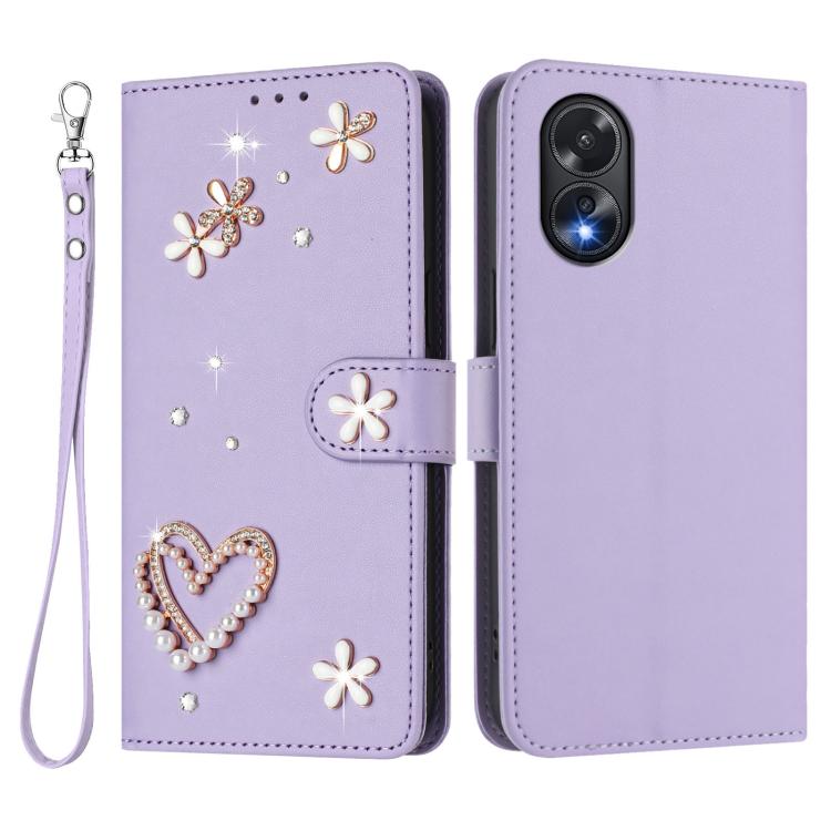 For OPPO A38 4G / A18 4G Global ZS01 Double-Layer Heart Floral Vegan Leather Phone Case with Wrist Strap