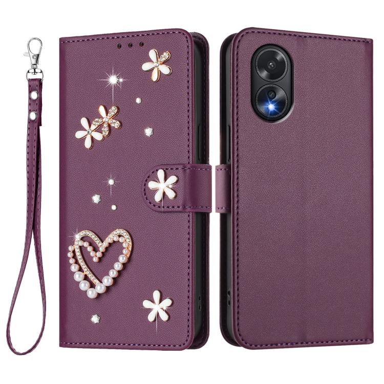 For OPPO A38 4G / A18 4G Global ZS01 Double-Layer Heart Floral Vegan Leather Phone Case with Wrist Strap