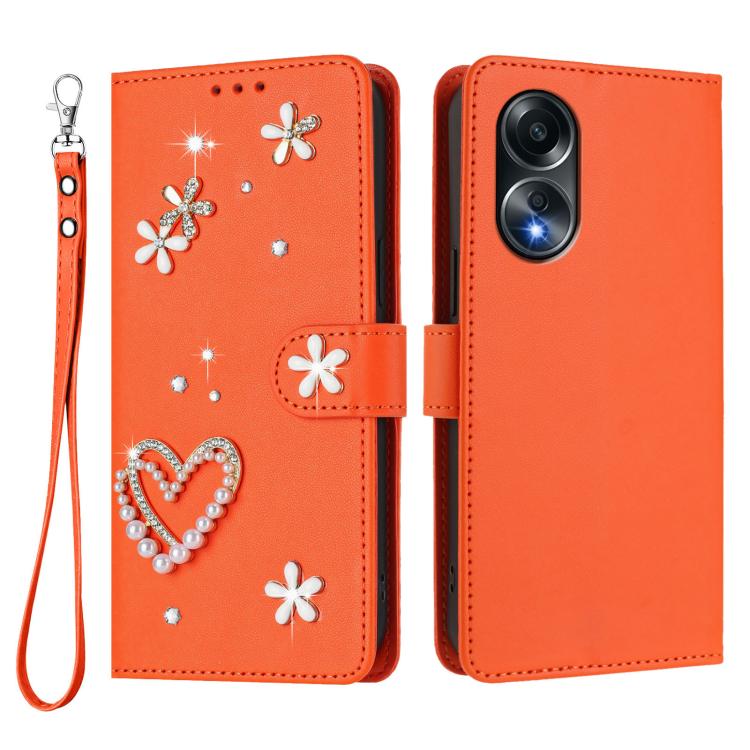 For OPPO A58 4G Global ZS01 Double-Layer Heart Floral Vegan Leather Phone Case with Wrist Strap
