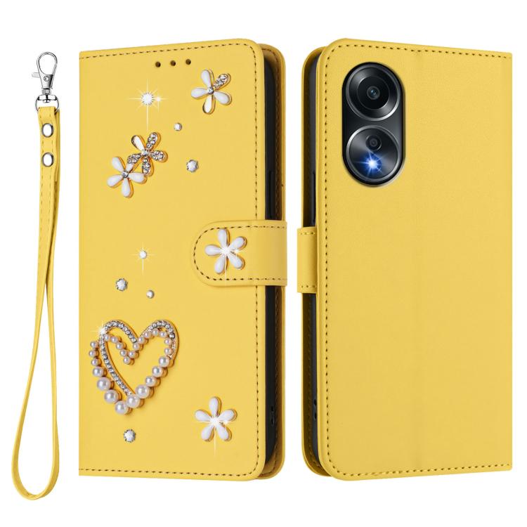 For OPPO A58 4G Global ZS01 Double-Layer Heart Floral Vegan Leather Phone Case with Wrist Strap