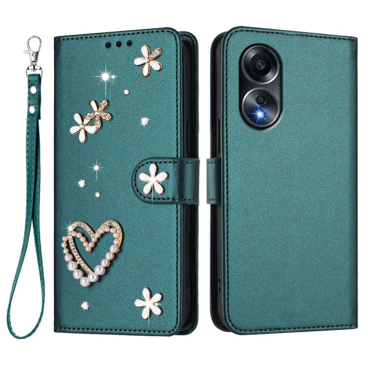 For OPPO A58 4G Global ZS01 Double-Layer Heart Floral Vegan Leather Phone Case with Wrist Strap