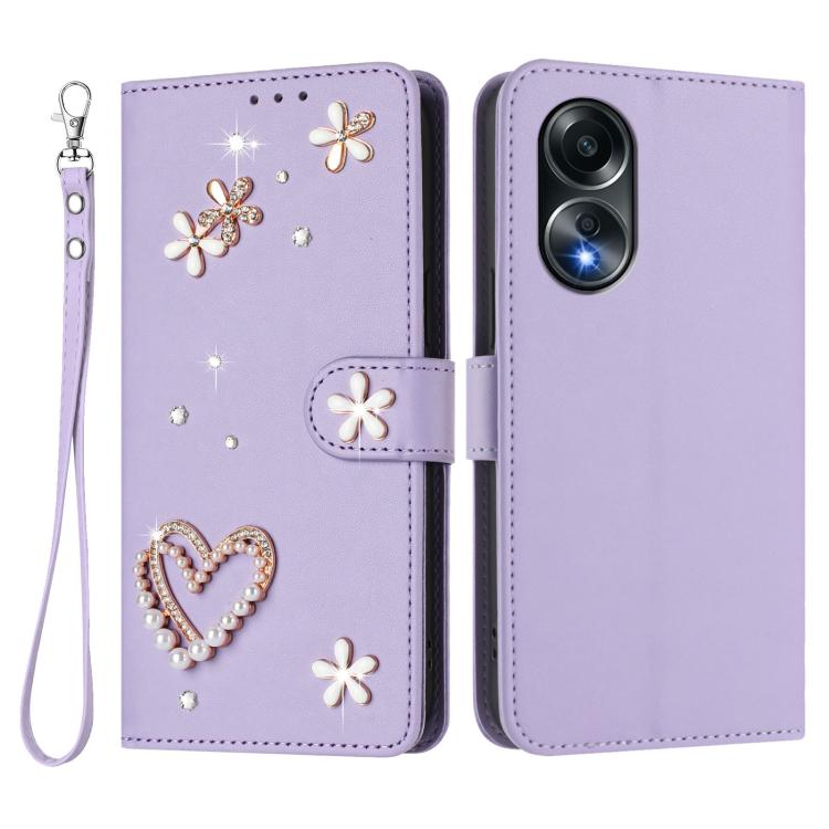 For OPPO A58 4G Global ZS01 Double-Layer Heart Floral Vegan Leather Phone Case with Wrist Strap