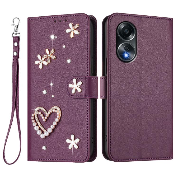 For OPPO A58 4G Global ZS01 Double-Layer Heart Floral Vegan Leather Phone Case with Wrist Strap
