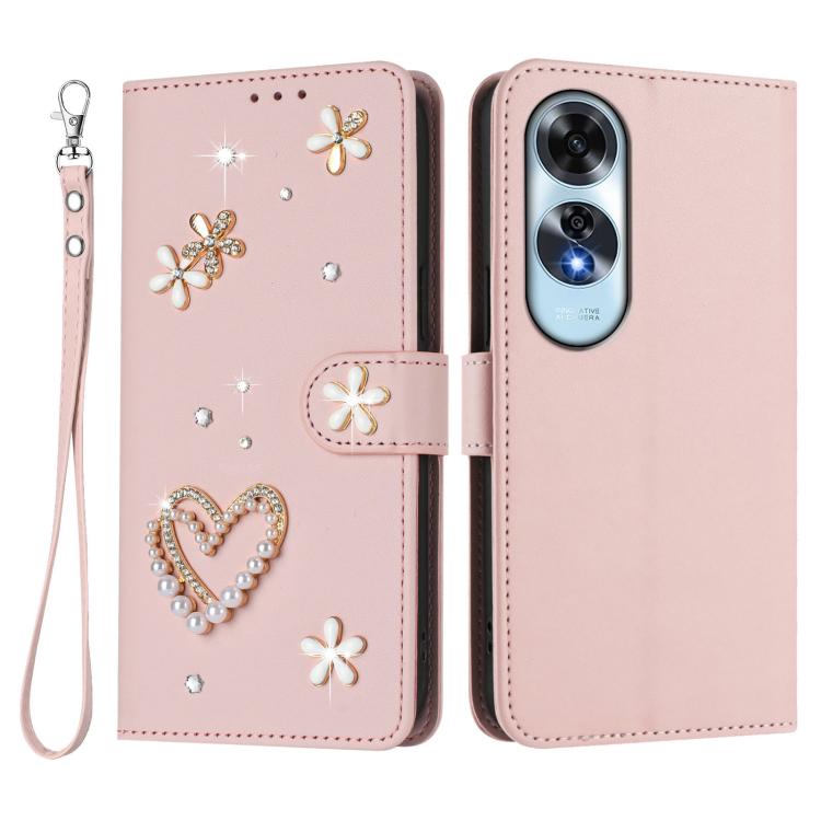 For OPPO A60 4G Global ZS01 Double-Layer Heart Floral Vegan Leather Phone Case with Wrist Strap