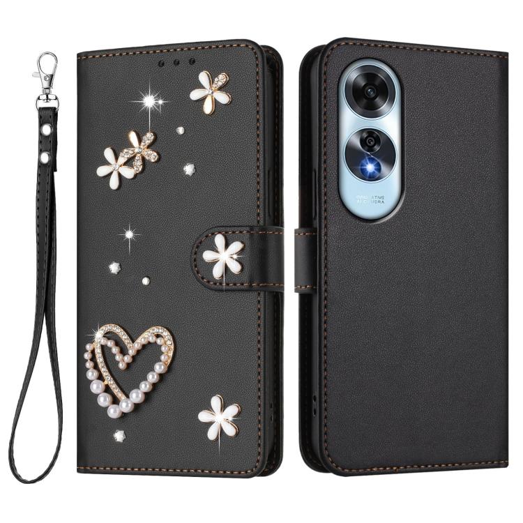For OPPO A60 4G Global ZS01 Double-Layer Heart Floral Vegan Leather Phone Case with Wrist Strap