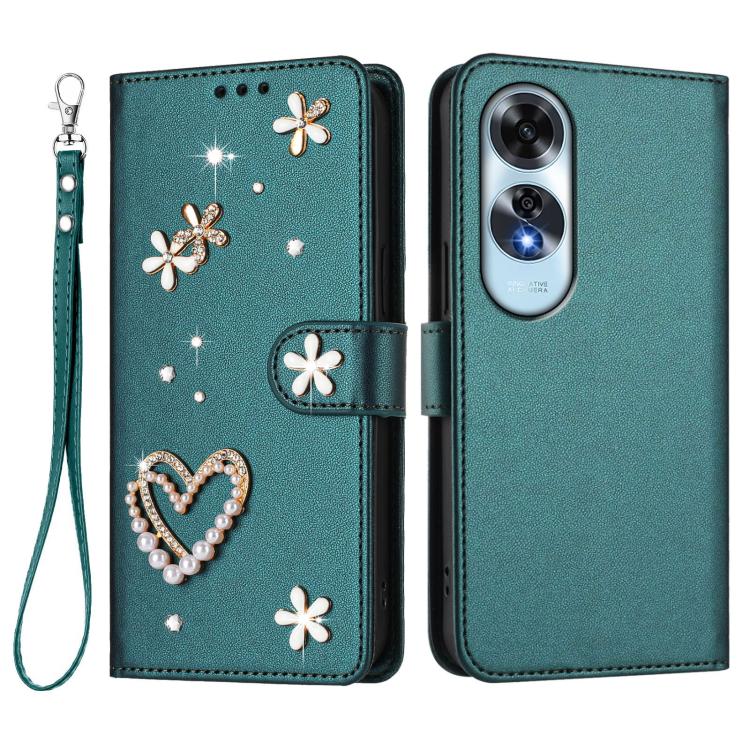 For OPPO A60 4G Global ZS01 Double-Layer Heart Floral Vegan Leather Phone Case with Wrist Strap
