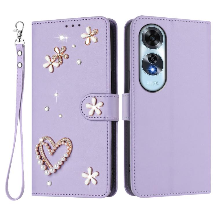 For OPPO A60 4G Global ZS01 Double-Layer Heart Floral Vegan Leather Phone Case with Wrist Strap