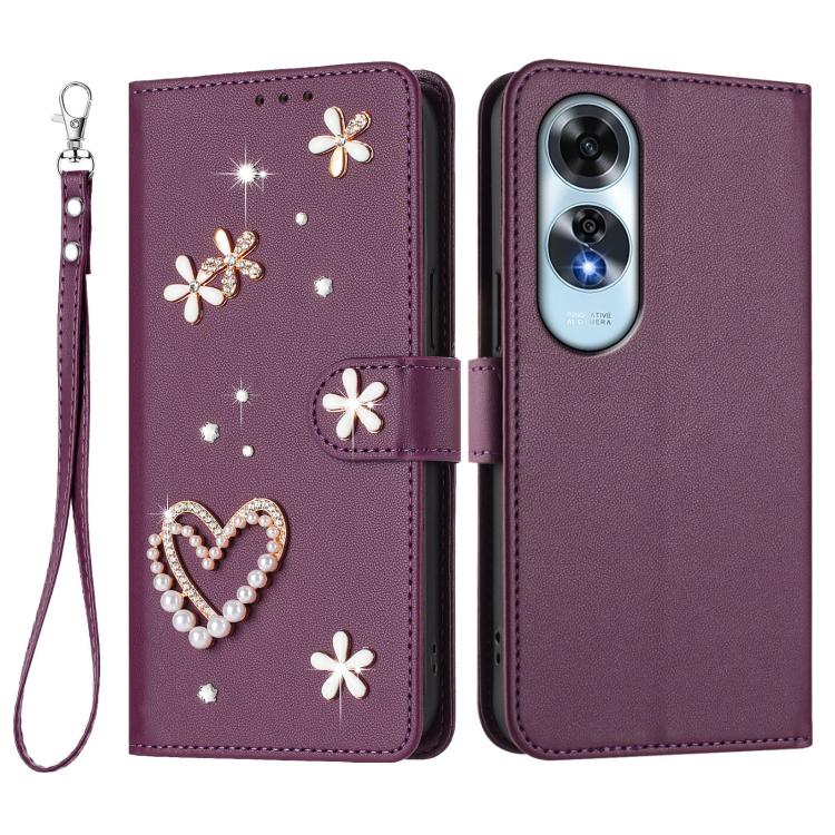 For OPPO A60 4G Global ZS01 Double-Layer Heart Floral Vegan Leather Phone Case with Wrist Strap