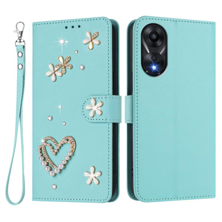 For OPPO A78 4G Global ZS01 Double-Layer Heart Floral Vegan Leather Phone Case with Wrist Strap