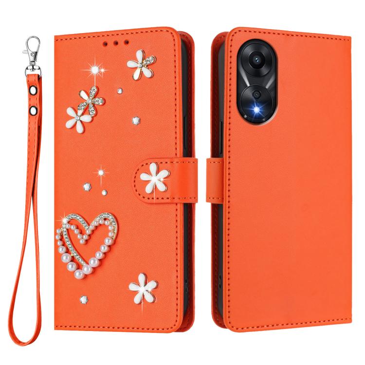 For OPPO A78 4G Global ZS01 Double-Layer Heart Floral Vegan Leather Phone Case with Wrist Strap