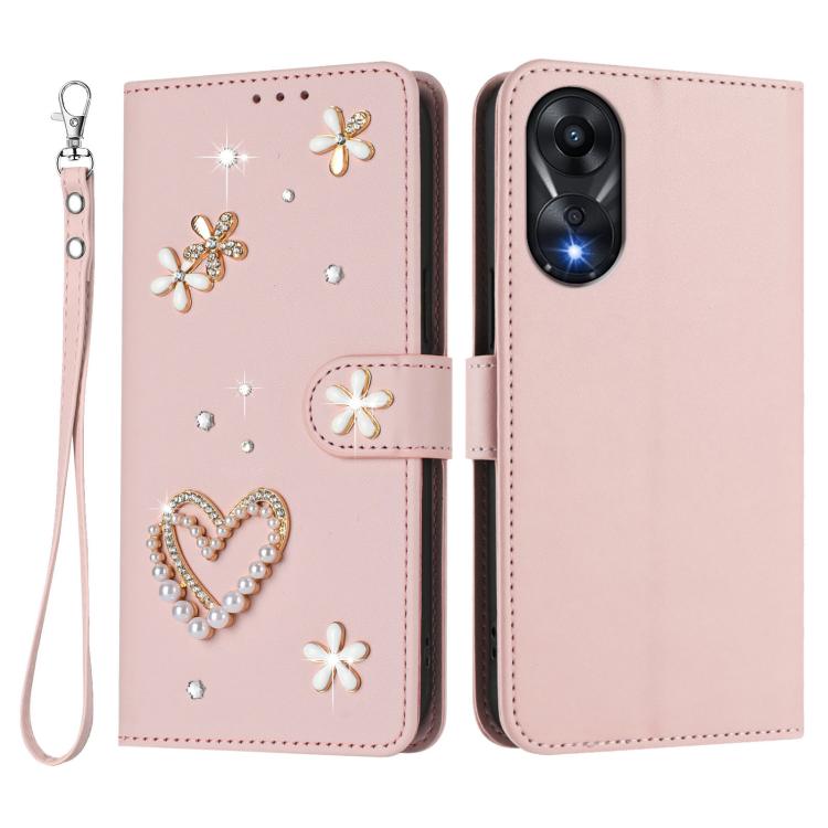 For OPPO A78 4G Global ZS01 Double-Layer Heart Floral Vegan Leather Phone Case with Wrist Strap