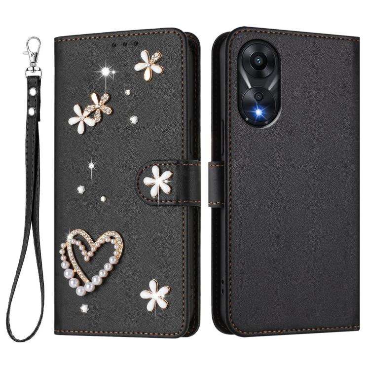 For OPPO A78 4G Global ZS01 Double-Layer Heart Floral Vegan Leather Phone Case with Wrist Strap
