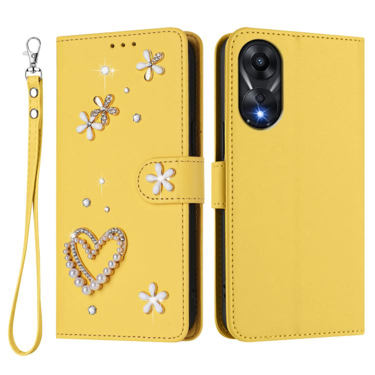 For OPPO A78 4G Global ZS01 Double-Layer Heart Floral Vegan Leather Phone Case with Wrist Strap
