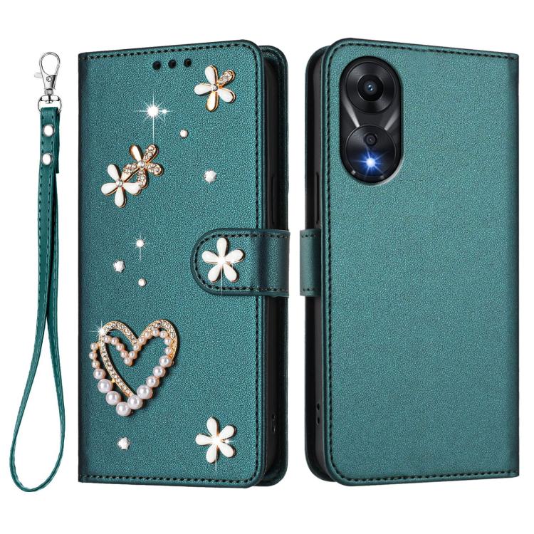 For OPPO A78 4G Global ZS01 Double-Layer Heart Floral Vegan Leather Phone Case with Wrist Strap