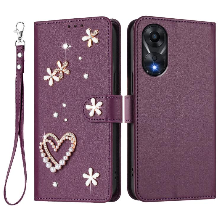 For OPPO A78 4G Global ZS01 Double-Layer Heart Floral Vegan Leather Phone Case with Wrist Strap