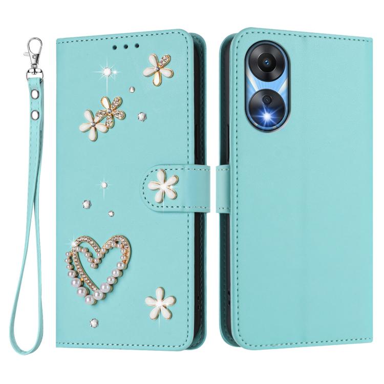 For OPPO A78 5G Global / A1x 5G ZS01 Double-Layer Heart Floral Vegan Leather Phone Case with Wrist Strap
