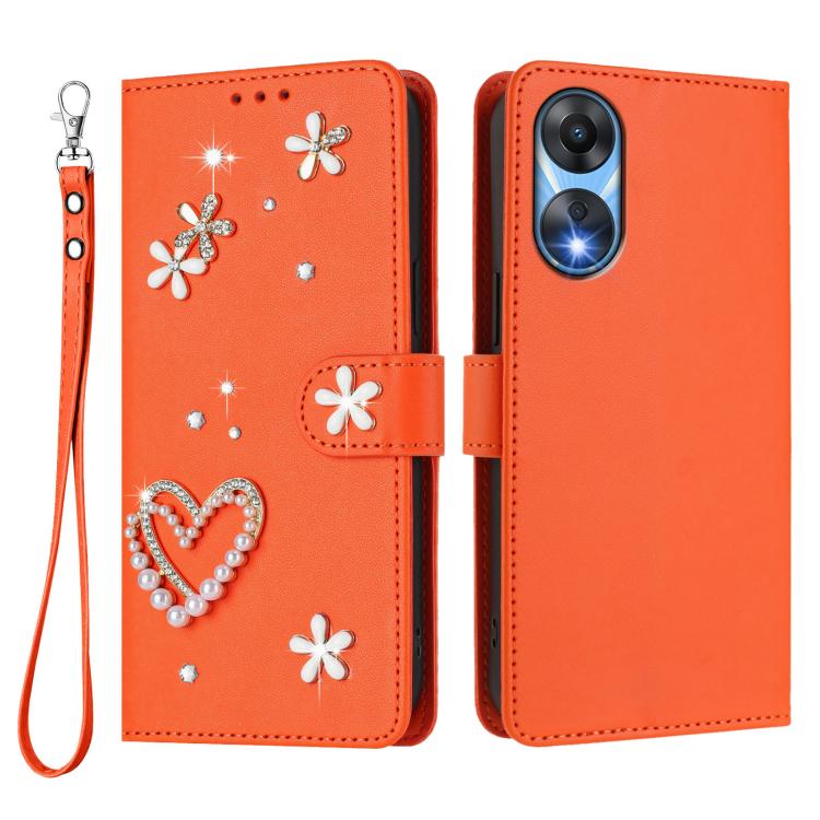 For OPPO A78 5G Global / A1x 5G ZS01 Double-Layer Heart Floral Vegan Leather Phone Case with Wrist Strap