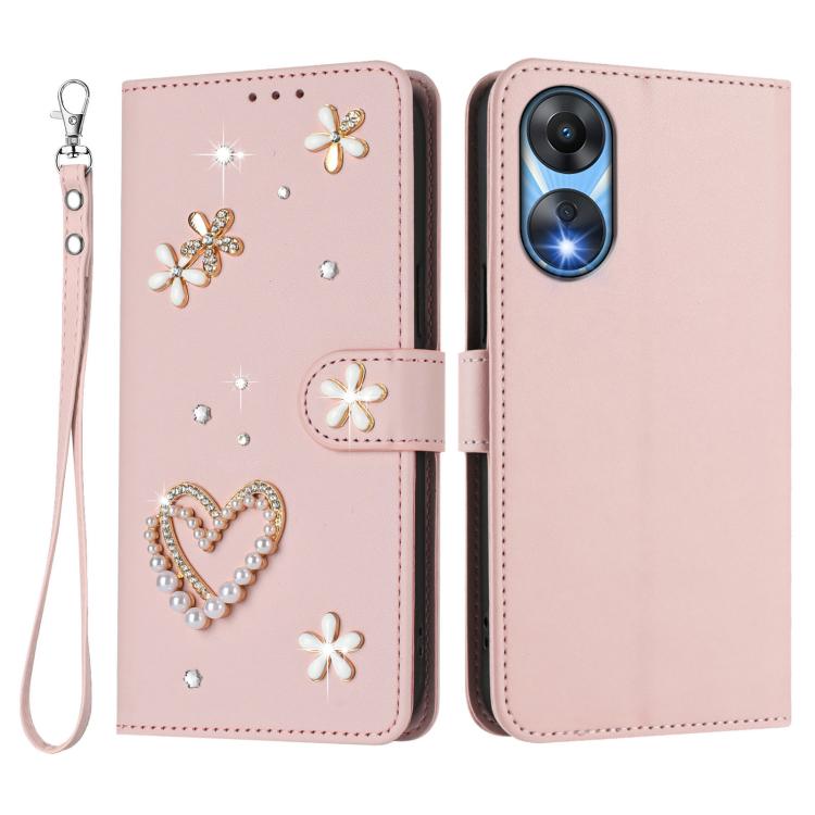 For OPPO A78 5G Global / A1x 5G ZS01 Double-Layer Heart Floral Vegan Leather Phone Case with Wrist Strap