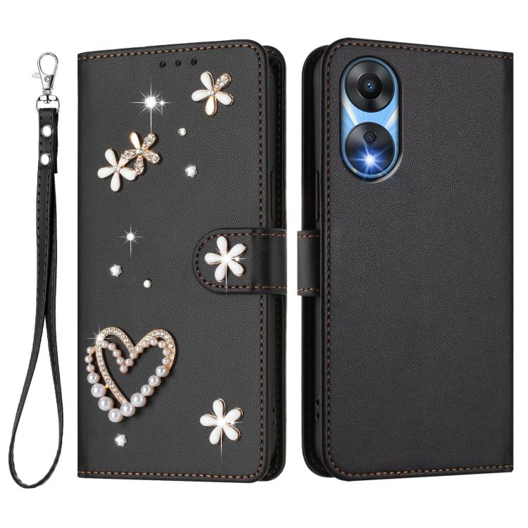 For OPPO A78 5G Global / A1x 5G ZS01 Double-Layer Heart Floral Vegan Leather Phone Case with Wrist Strap