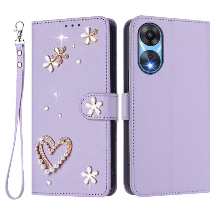 For OPPO A78 5G Global / A1x 5G ZS01 Double-Layer Heart Floral Vegan Leather Phone Case with Wrist Strap