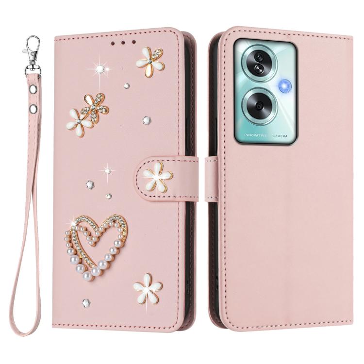 For OPPO A79 5G Global / OnePlus Nord N30 SE ZS01 Double-Layer Heart Floral Vegan Leather Phone Case with Wrist Strap