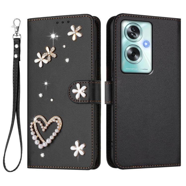 For OPPO A79 5G Global / OnePlus Nord N30 SE ZS01 Double-Layer Heart Floral Vegan Leather Phone Case with Wrist Strap