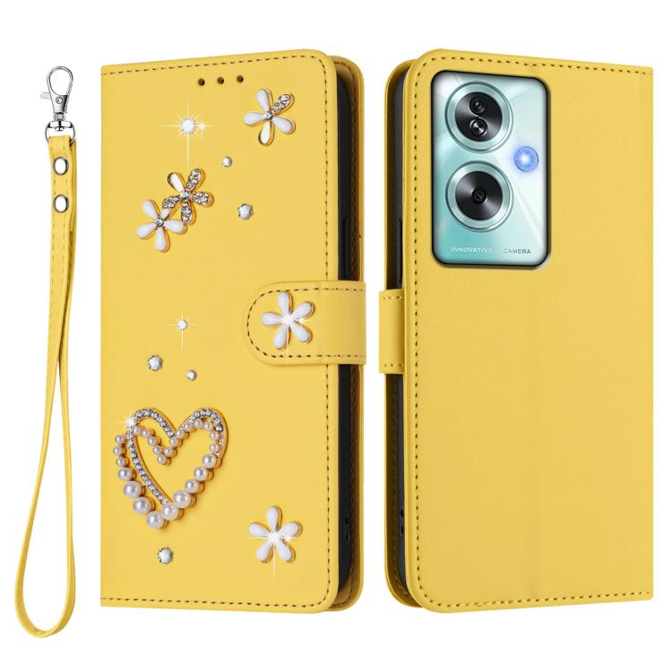 For OPPO A79 5G Global / OnePlus Nord N30 SE ZS01 Double-Layer Heart Floral Vegan Leather Phone Case with Wrist Strap