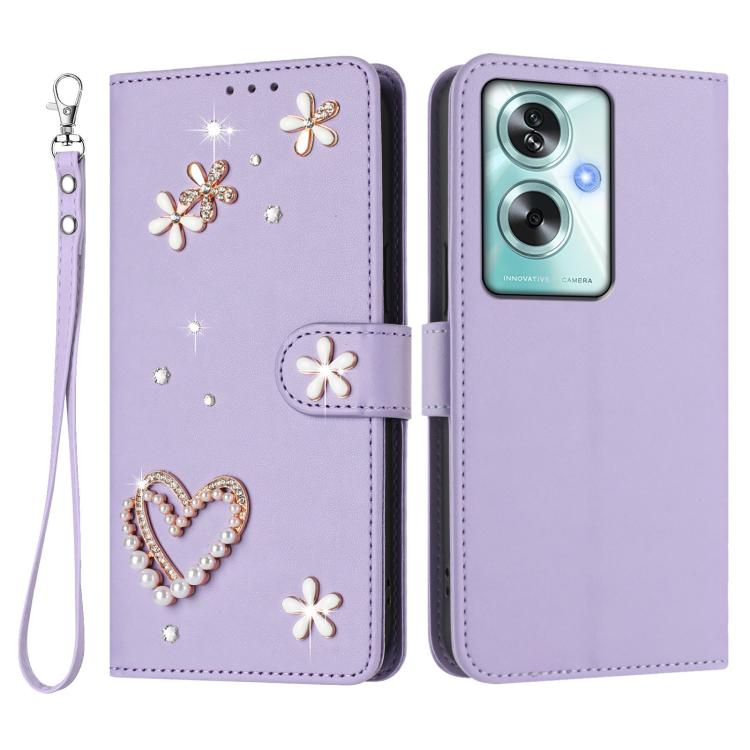 For OPPO A79 5G Global / OnePlus Nord N30 SE ZS01 Double-Layer Heart Floral Vegan Leather Phone Case with Wrist Strap