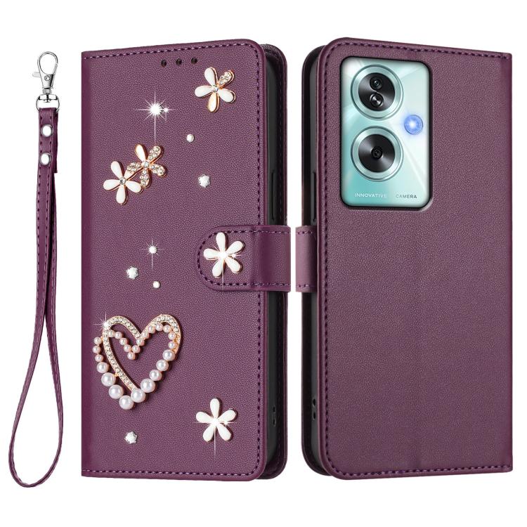 For OPPO A79 5G Global / OnePlus Nord N30 SE ZS01 Double-Layer Heart Floral Vegan Leather Phone Case with Wrist Strap