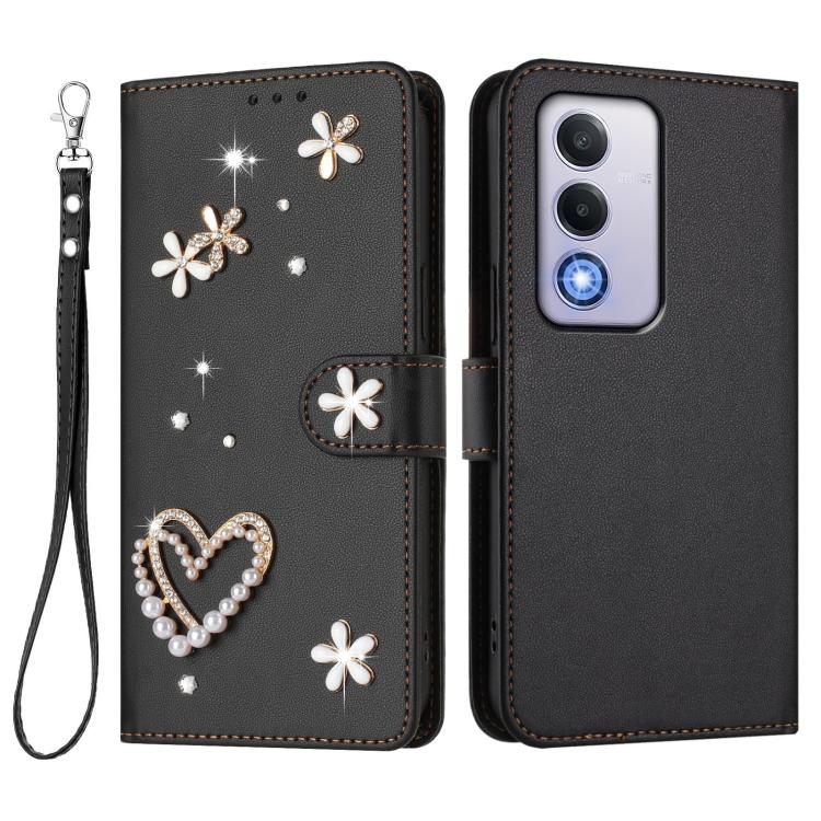For OPPO A80 5G EU / K12x 5G Global ZS01 Double-Layer Heart Floral Vegan Leather Phone Case with Wrist Strap