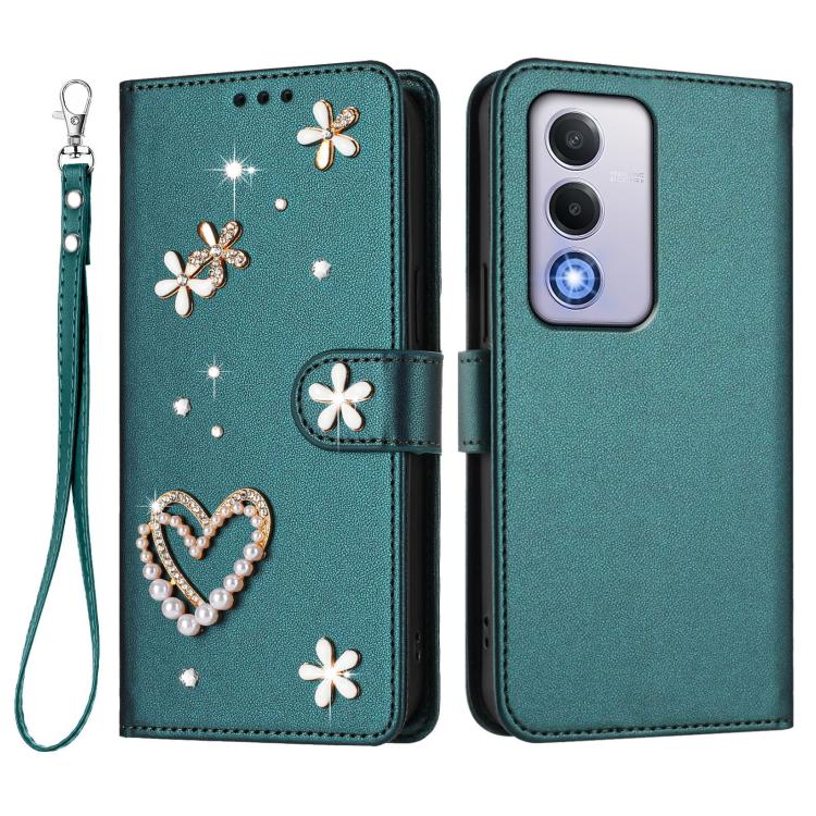 For OPPO A80 5G EU / K12x 5G Global ZS01 Double-Layer Heart Floral Vegan Leather Phone Case with Wrist Strap