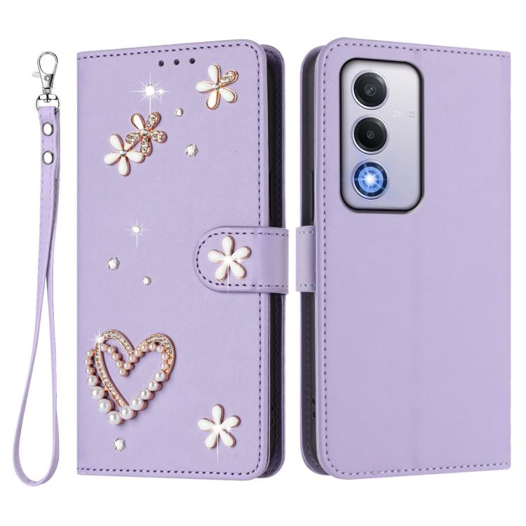 For OPPO A80 5G EU / K12x 5G Global ZS01 Double-Layer Heart Floral Vegan Leather Phone Case with Wrist Strap