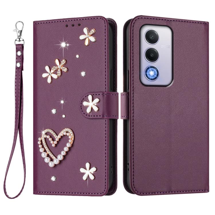 For OPPO A80 5G EU / K12x 5G Global ZS01 Double-Layer Heart Floral Vegan Leather Phone Case with Wrist Strap