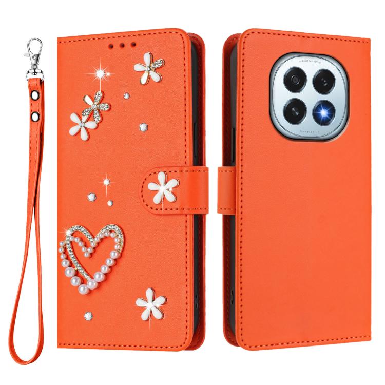 For OPPO F29 5G Global ZS01 Double-Layer Heart Floral Vegan Leather Phone Case with Wrist Strap