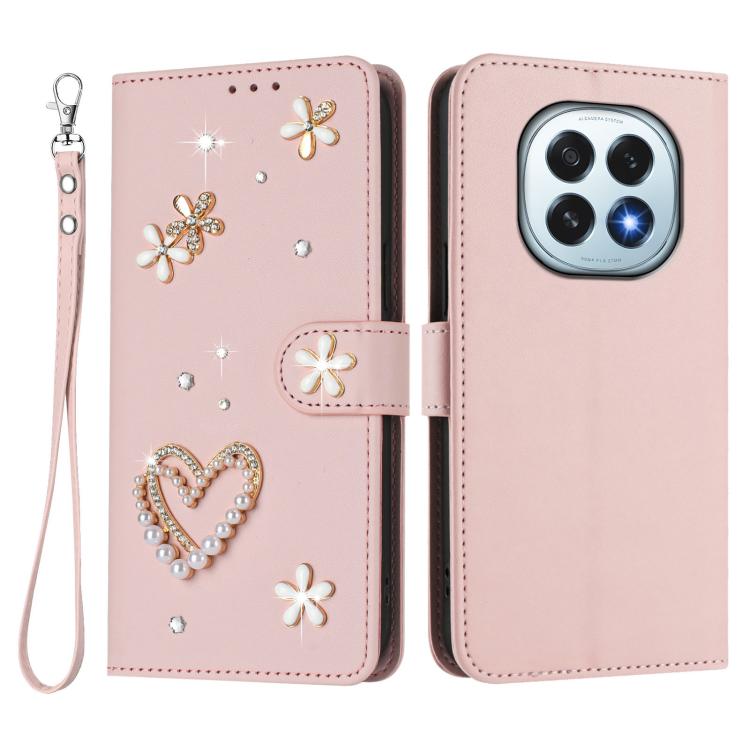 For OPPO F29 5G Global ZS01 Double-Layer Heart Floral Vegan Leather Phone Case with Wrist Strap