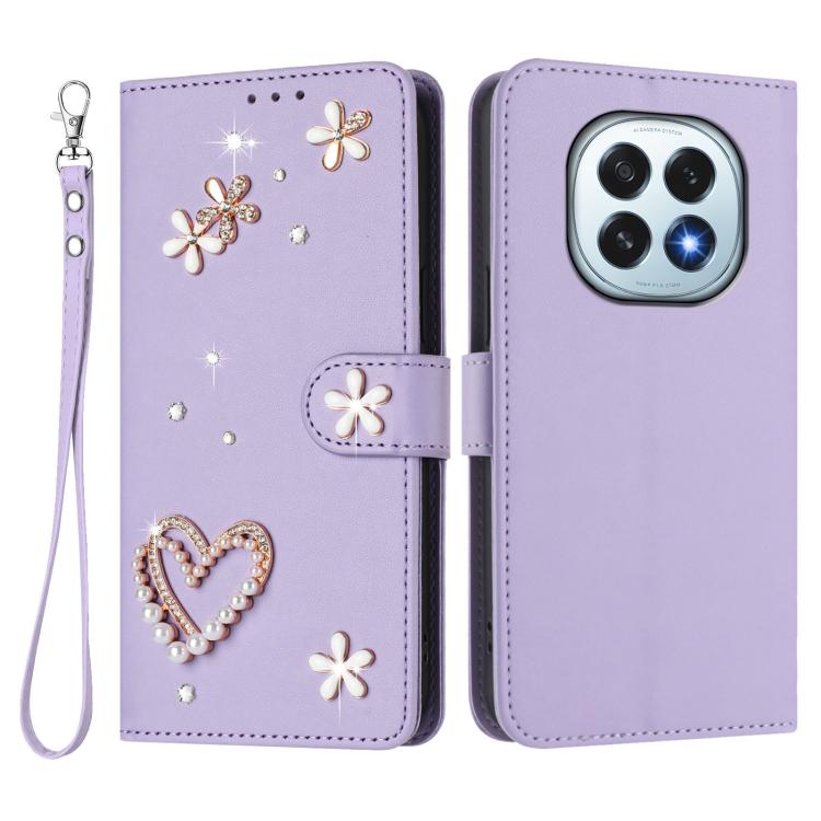 For OPPO F29 5G Global ZS01 Double-Layer Heart Floral Vegan Leather Phone Case with Wrist Strap
