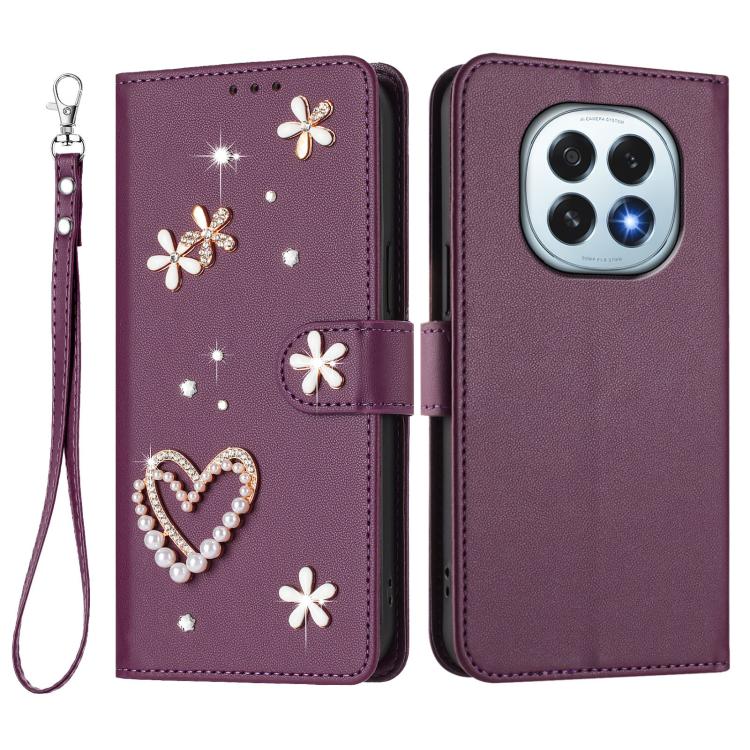 For OPPO F29 5G Global ZS01 Double-Layer Heart Floral Vegan Leather Phone Case with Wrist Strap