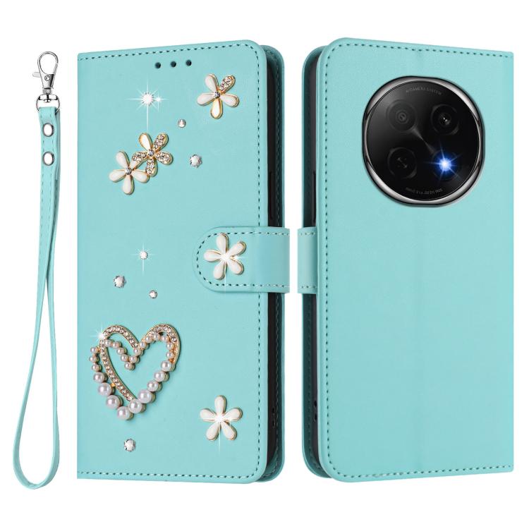 For OPPO F29 Pro 5G Global ZS01 Double-Layer Heart Floral Vegan Leather Phone Case with Wrist Strap