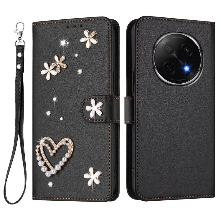 For OPPO F29 Pro 5G Global ZS01 Double-Layer Heart Floral Vegan Leather Phone Case with Wrist Strap