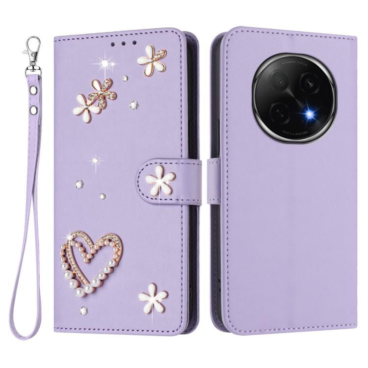 For OPPO F29 Pro 5G Global ZS01 Double-Layer Heart Floral Vegan Leather Phone Case with Wrist Strap