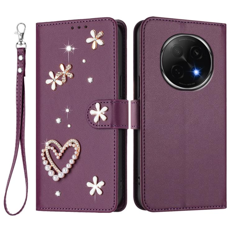 For OPPO F29 Pro 5G Global ZS01 Double-Layer Heart Floral Vegan Leather Phone Case with Wrist Strap