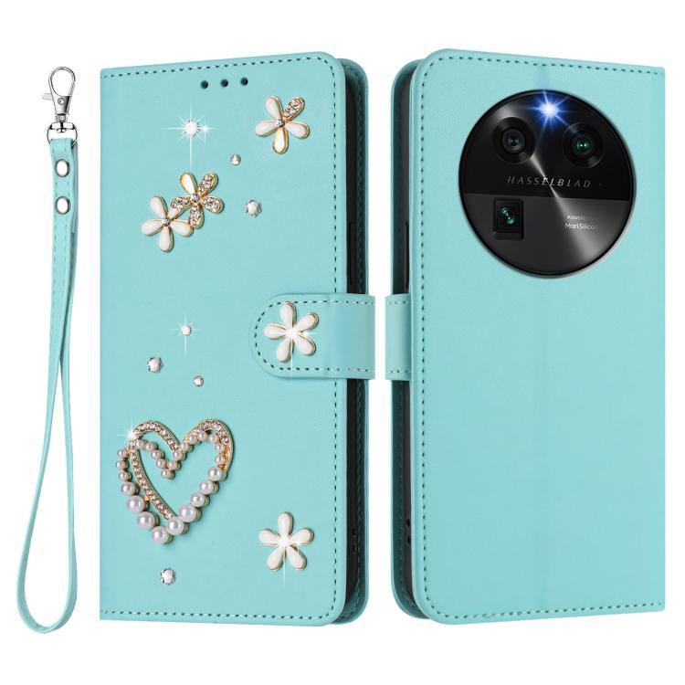 For OPPO Find X6 5G Global ZS01 Double-Layer Heart Floral Vegan Leather Phone Case with Wrist Strap