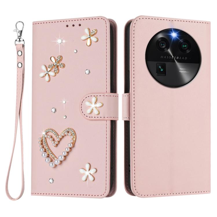 For OPPO Find X6 5G Global ZS01 Double-Layer Heart Floral Vegan Leather Phone Case with Wrist Strap