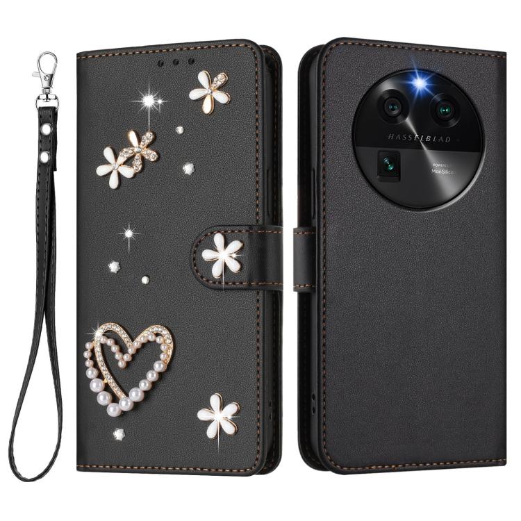 For OPPO Find X6 5G Global ZS01 Double-Layer Heart Floral Vegan Leather Phone Case with Wrist Strap