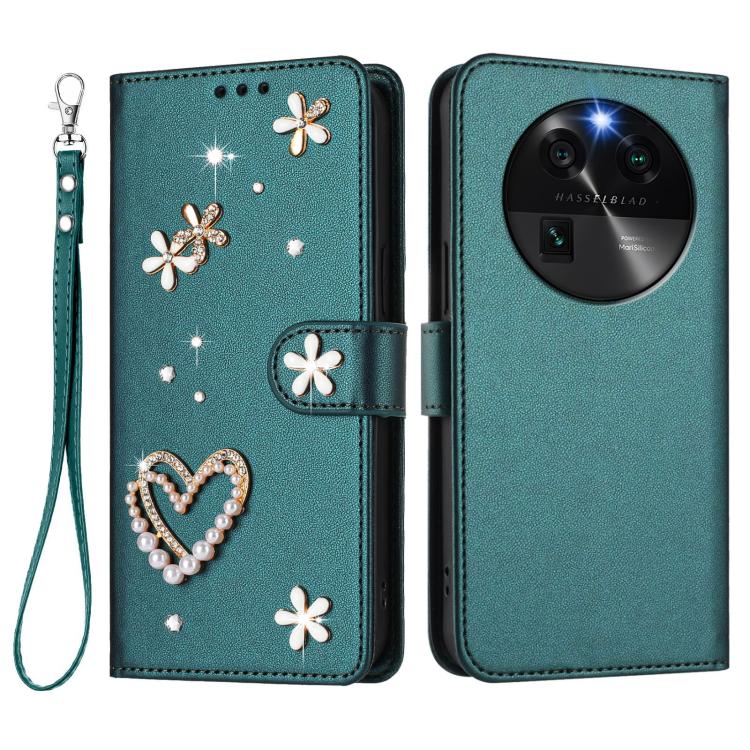 For OPPO Find X6 5G Global ZS01 Double-Layer Heart Floral Vegan Leather Phone Case with Wrist Strap